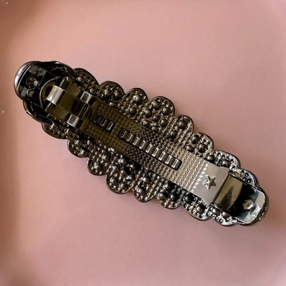Olive Green Aurora Borealis Crystals set in Black Hematite Hair Barrette - Picture 5 of 7